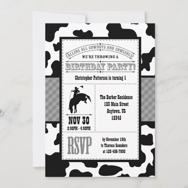 Gray Grey Cowhide Cowboy Birthday Invitation (Front)