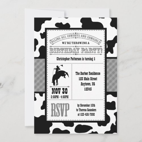 Gray Grey Cowhide Cowboy Birthday Invitation