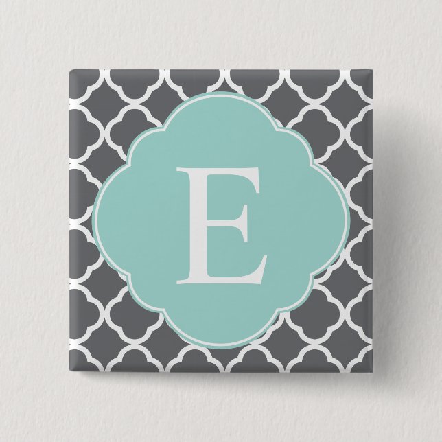 Gray Grey Mint Quatrefoil Monogram Pinback Button (Front)
