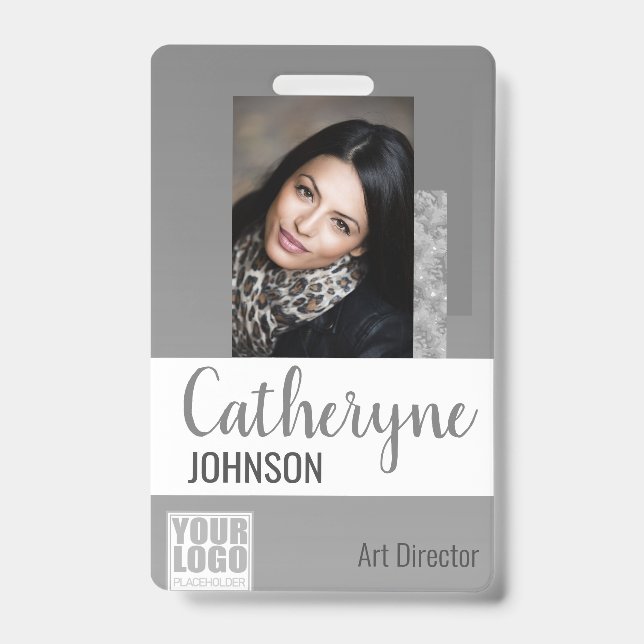 Gray Grey Ombre Logo Barcode ID Photo Template Badge (Front)