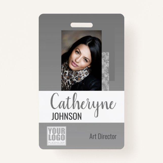 Gray Grey Ombre Logo Barcode ID Photo Template Badge (Front)