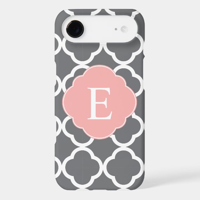 Gray Grey Peach Quatrefoil Monogram Case-Mate iPhone Case (Back)