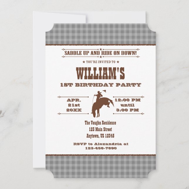 Gray Grey Plaid Cowboy Rodeo Birthday Invitation (Front)