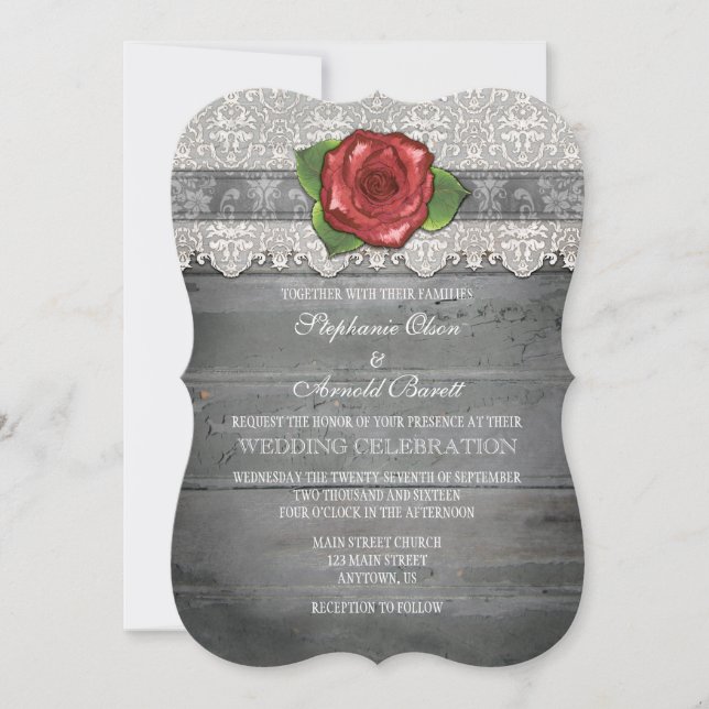 Gray Grey Rustic Wood Rose Wedding Invite (Front)