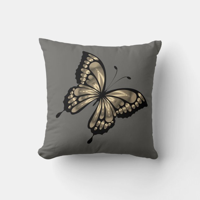 Gray grey silver butterfly throw pillow (Front)