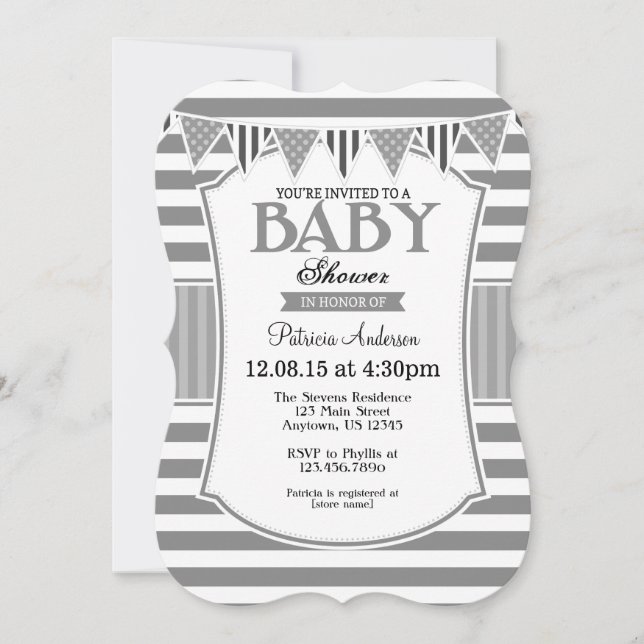 Gray Grey Stripes Baby Shower Invitation (Front)