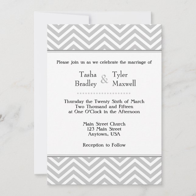 Gray Grey White Chevron Wedding Invitation (Front)