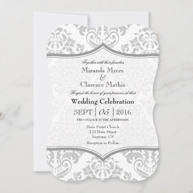 Gray Grey White Damask Bracket Wedding Invite (Front)