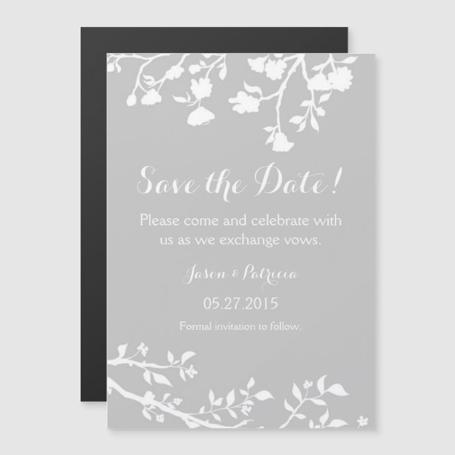 Gray Grey White Flower Save The Date Magnet (Front/Back)