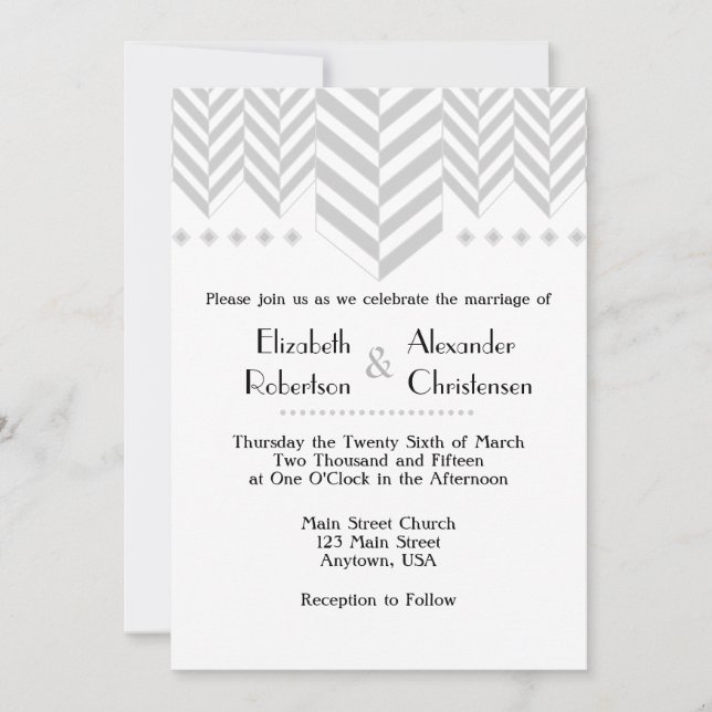 Gray Grey White Herringbone Wedding Invitation (Front)