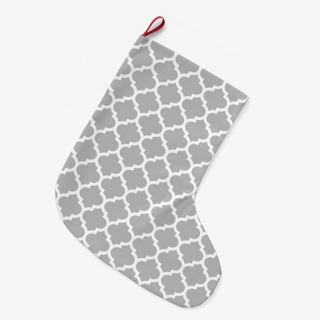 Gray Grey White Moroccan Quatrefoil Pattern #5 Large Christmas Stocking (Front (Hanging))