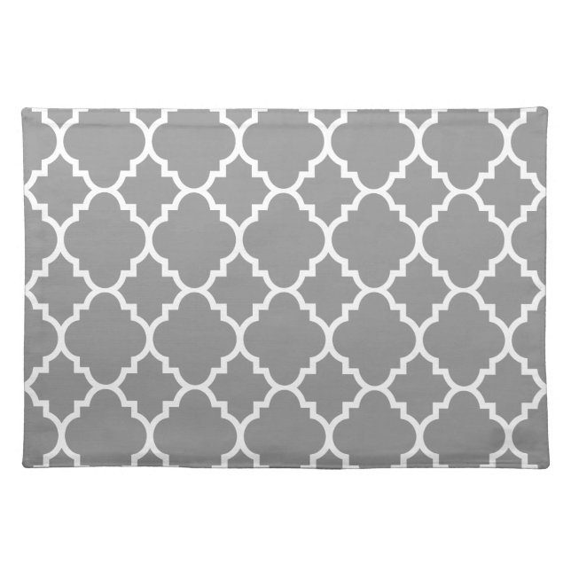 Gray Grey White Quatrefoil Moroccan Pattern Cloth Placemat (Front)