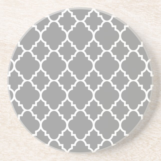 Gray Grey White Quatrefoil Moroccan Pattern Drink Coaster (Front)