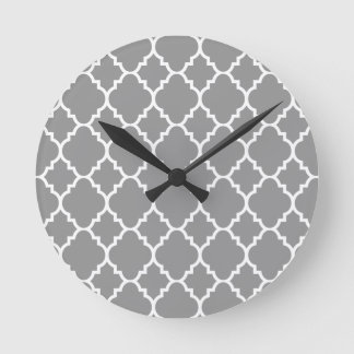 Gray Grey White Quatrefoil Moroccan Pattern Round Clock