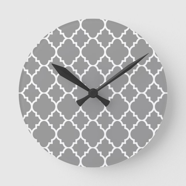 Gray Grey White Quatrefoil Moroccan Pattern Round Clock (Front)