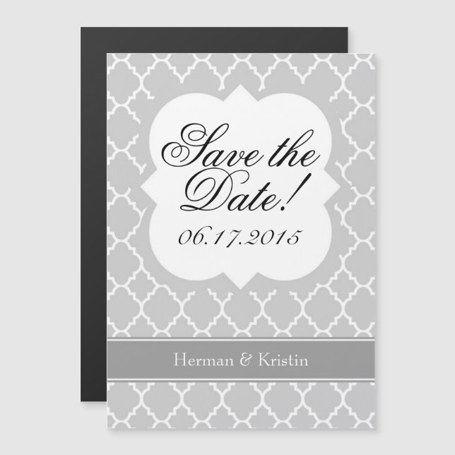 Gray Grey White Quatrefoil Save The Date Magnet (Front/Back)