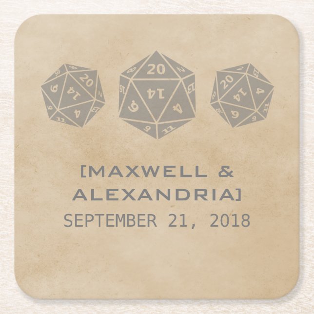 Gray Grunge D20 Dice Gamer Paper Coasters (Front)