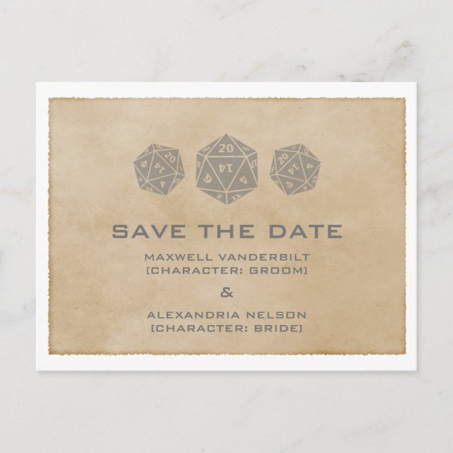 Gray Grunge D20 Dice Gamer Save the Date Postcard (Front)