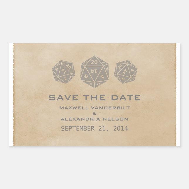 Gray Grunge D20 Dice Gamer Save the Date Stickers (Front)