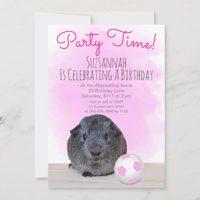 Gray Guinea Pig Girly Pink Soccer Ball Custom  Invitation (Front)