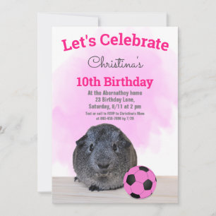 Gray Guinea Pig Girly Pink Soccer Ball Custom Invitation