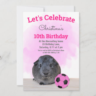 Gray Guinea Pig Girly Pink Soccer Ball Custom Invitation