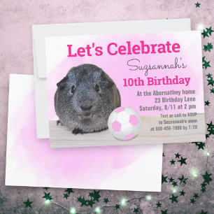 Gray Guinea Pig Girly Pink Soccer Ball Custom Invitation
