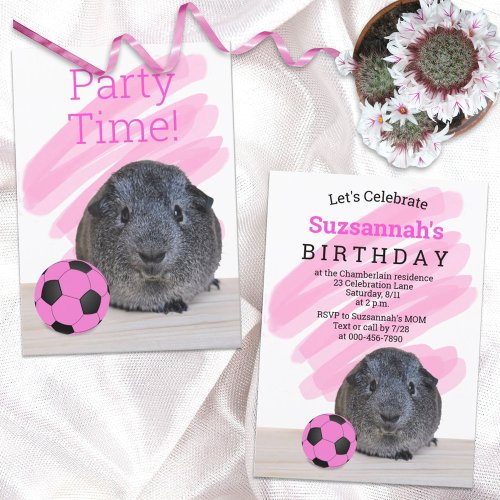 Gray Guinea Pig Girly Pink Soccer Ball Custom Invitation