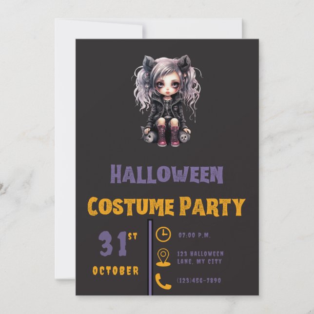 Gray Haired Gothic Girl Black Halloween Invitat Invitation (Front)