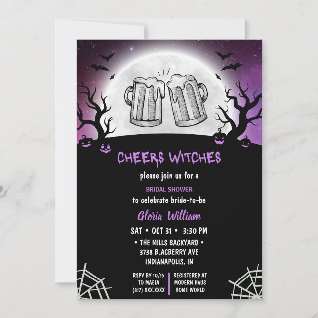 Gray Halloween Bridal Shower - Cheers Witches Invitation (Front)
