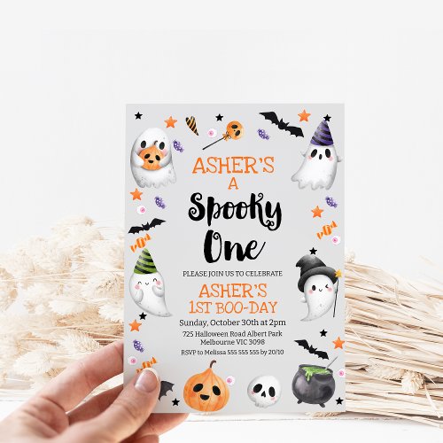 Gray Halloween Spooky One 1st Birthday Invitation