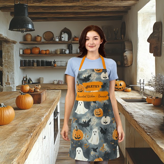Gray Halloween  with Ghosts, Pumpkins, and Bats Apron (Creator Uploaded)