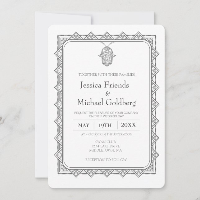 gray hamsa geometric wedding invitation (Front)