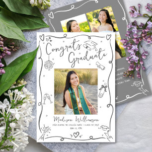 Gray Hand Drawn Doodles Graduation 4 Photo White Announcement
