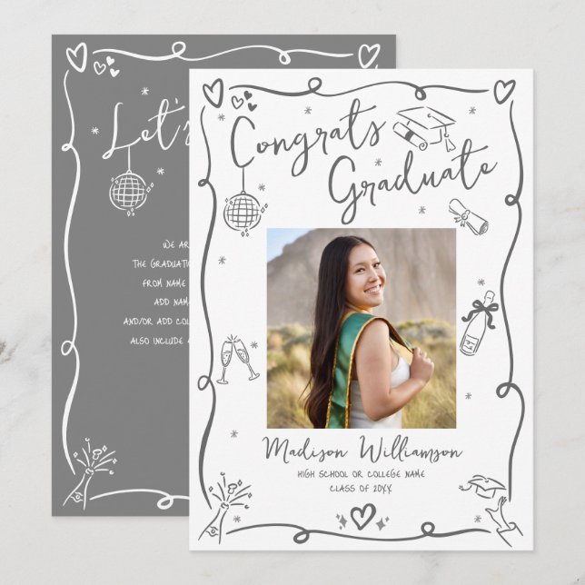 Gray Hand Drawn Doodles Graduation Photo White Fun Announcement (Front/Back)
