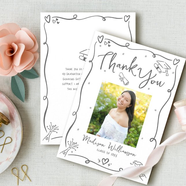 Gray Hand Drawn Doodles Photo Graduation White Thank You Card (Creator Uploaded)