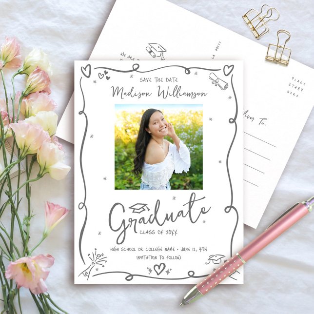 Gray Hand Drawn Doodles Save the Date Grad Photo Invitation Postcard (Creator Uploaded)