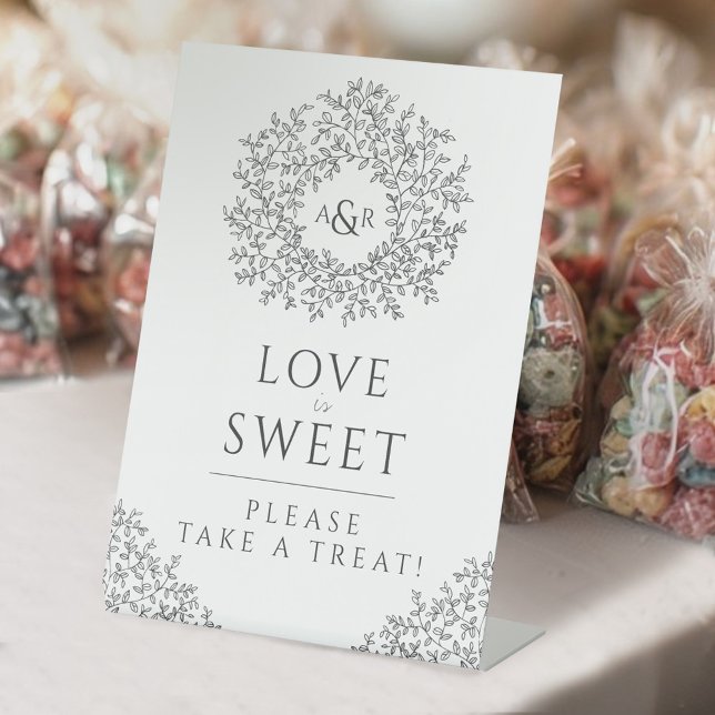 Gray hand drawn leaf monogram sweet wedding pedestal sign (Creator Uploaded)