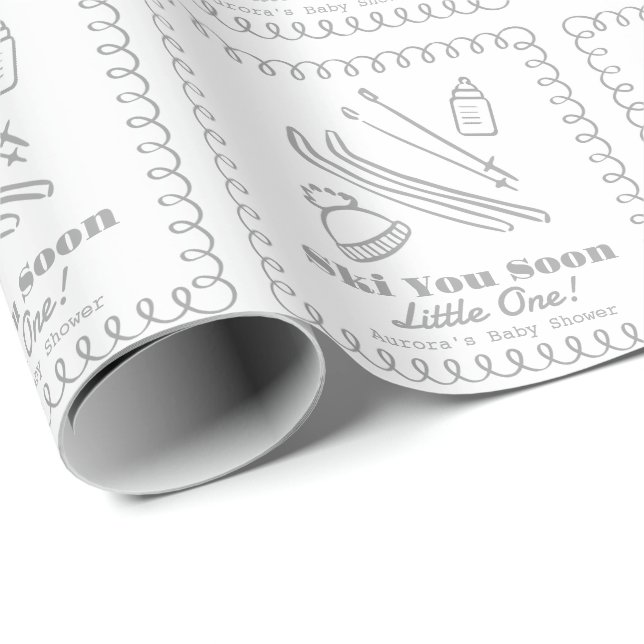 Gray Hand-Drawn Ski You Soon Baby Shower Wrapping Paper (Roll Corner)