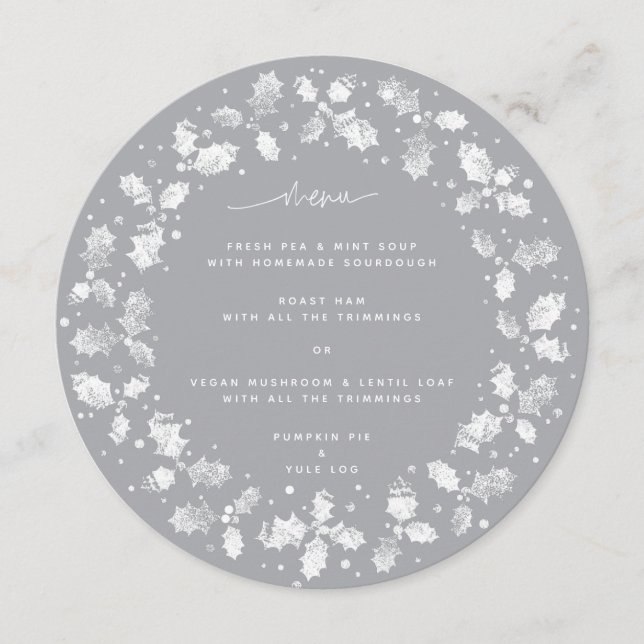 Gray Hand Printed Holly Wreath Christmas Menu (Front)