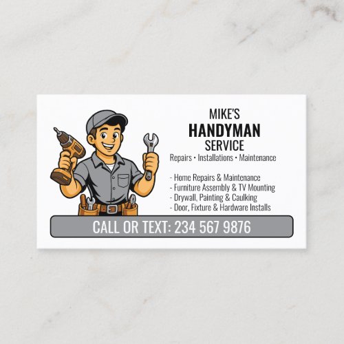 Gray Handyman Cartoon Man Tool QR Home Repair Business Card
