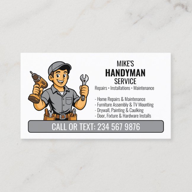Gray Handyman Cartoon Man Tool QR Home Repair Business Card
