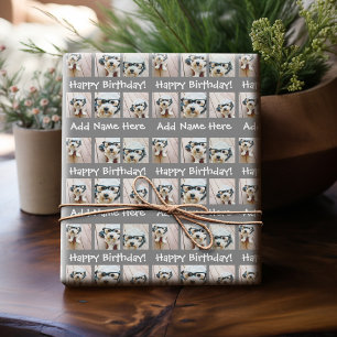 Gray Happy Birthday Name 6 Square Photo Collage Wrapping Paper