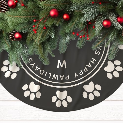 Gray Happy Pawlidays Paw Print Pet Christmas Brushed Polyester Tree Skirt