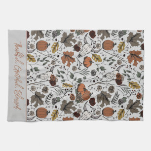 Gray Harvest and Horns Thankful Grateful Blessed Kitchen Towel