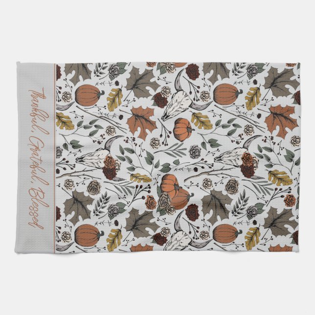 Gray Harvest and Horns Thankful Grateful Blessed Kitchen Towel (Horizontal)