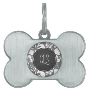 Gray Hawaiian Tropical Hibiscus; Retro Chalkboard Pet Tag