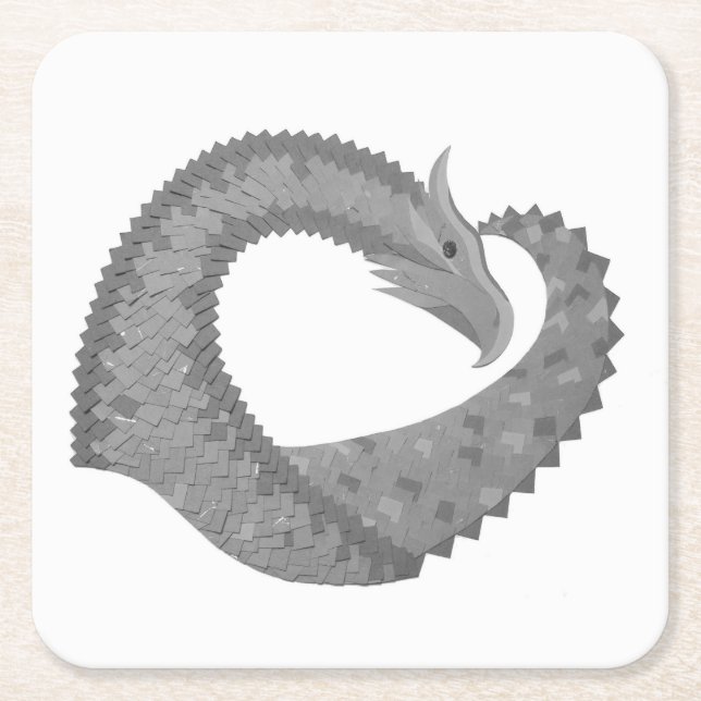 Gray heart dragon on white square paper coaster (Front)