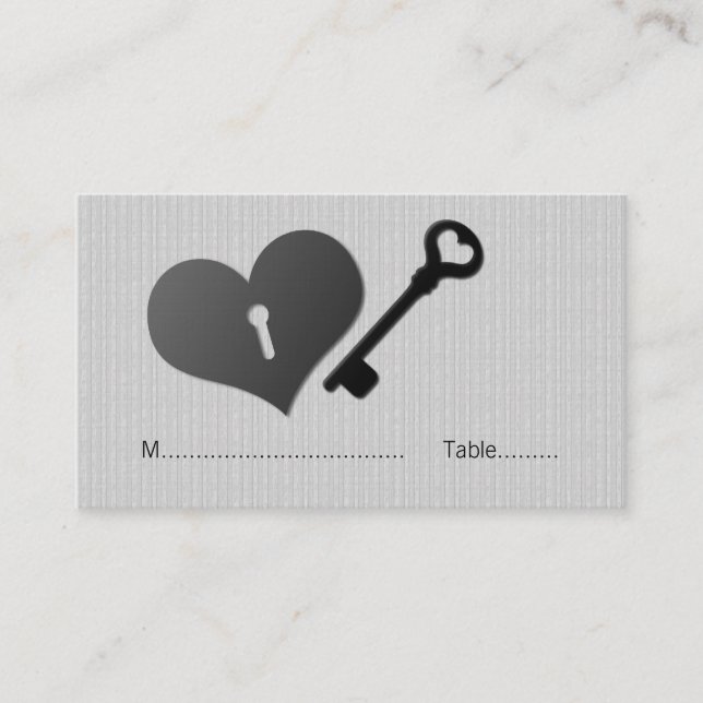 Gray Heart Lock and Key Place Card (Front)