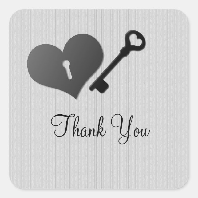 Gray Heart Lock and Key Thank You Stickers (Front)